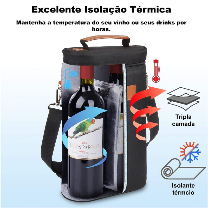 Bolsa Térmica  Noir 2 Garrafas + 2 Garrafa de Vinho Exclusivas Kit Premium